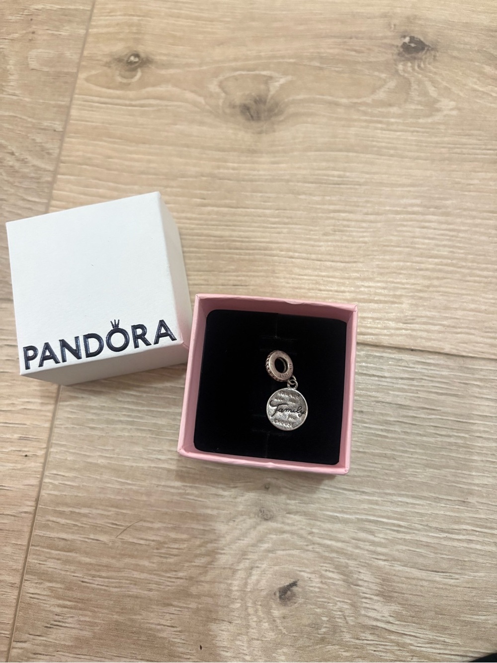 Pandora Silver Dangle Charm engraved with “family”
